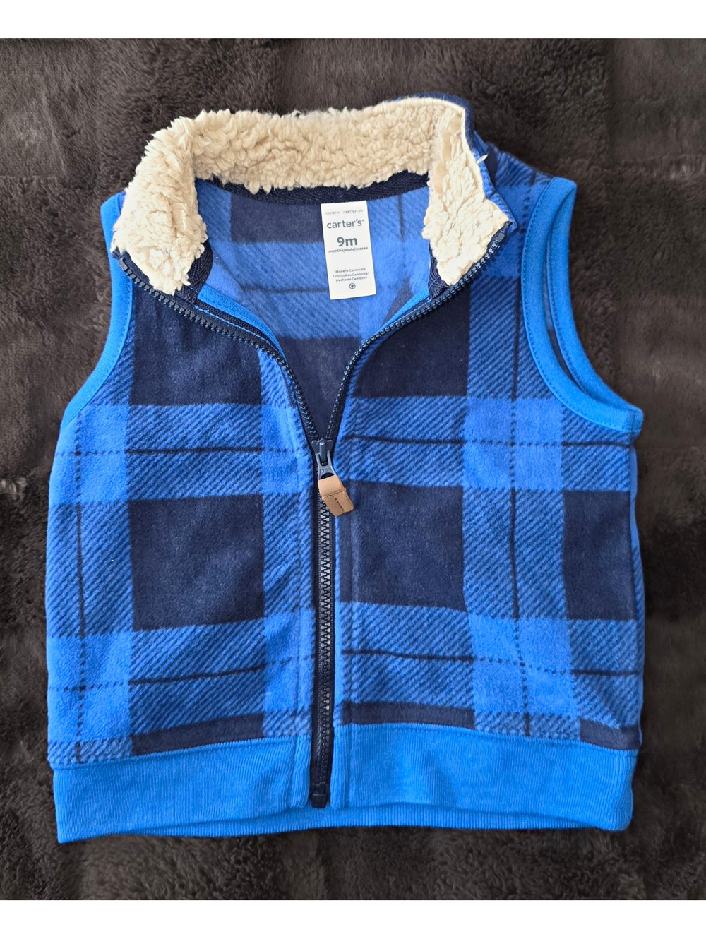 Carter's Blue Plaid Fleece Full Zip Lined Vest Sherpa Collar 9-12M
